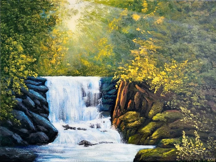 Forest, waterfall. Oil on canvas on a stretcher 30 / 40cm - My, Oil painting, Waterfall, Forest, Longpost