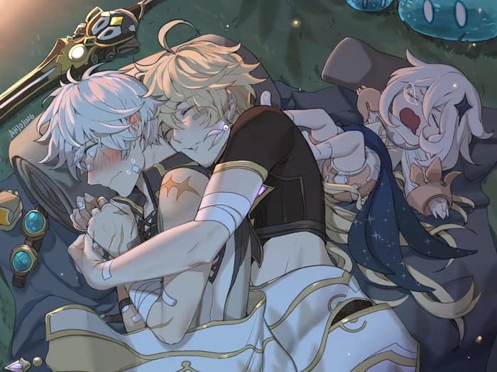 Hiking Night - Genshin impact, Bennett, Aether, Paimon, Anime art