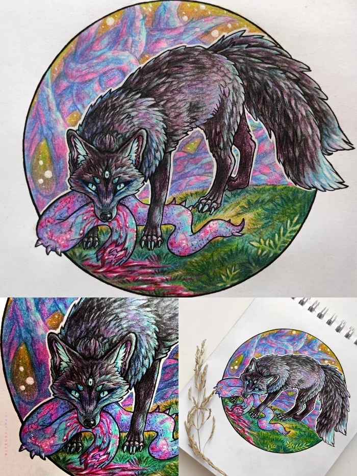 A three-tailed fox named Yukiko - My, Creation, Fox, Painting, Illustrations, Animals, Colour pencils, Watercolor pencils, Art, Drawing, Kitsune, Images, Traditional art, Fantasy, Demon, I share, Third Eye, Tail, Tentacles, Monster, Tentacles