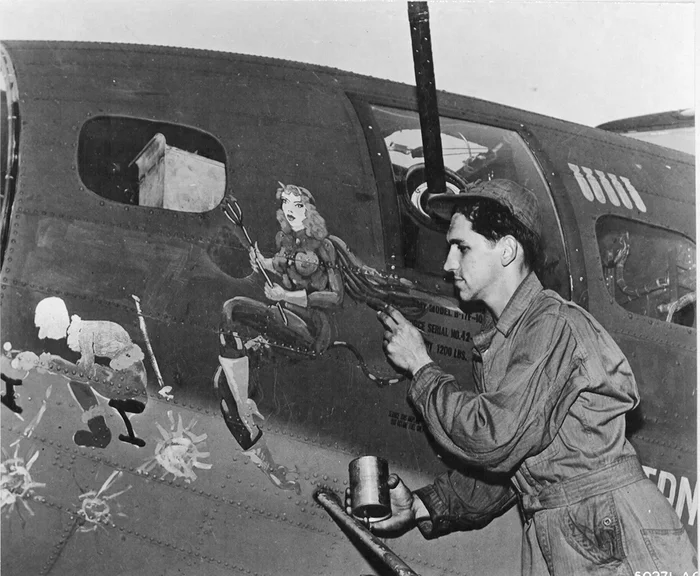 Nose Art – World War II painting #2 - NSFW, My, Pin up, Airplane, Boobs, The Second World War, Hand-drawn erotica, Decorative arts, Painting, Historical photo, Boeing B-17, Longpost