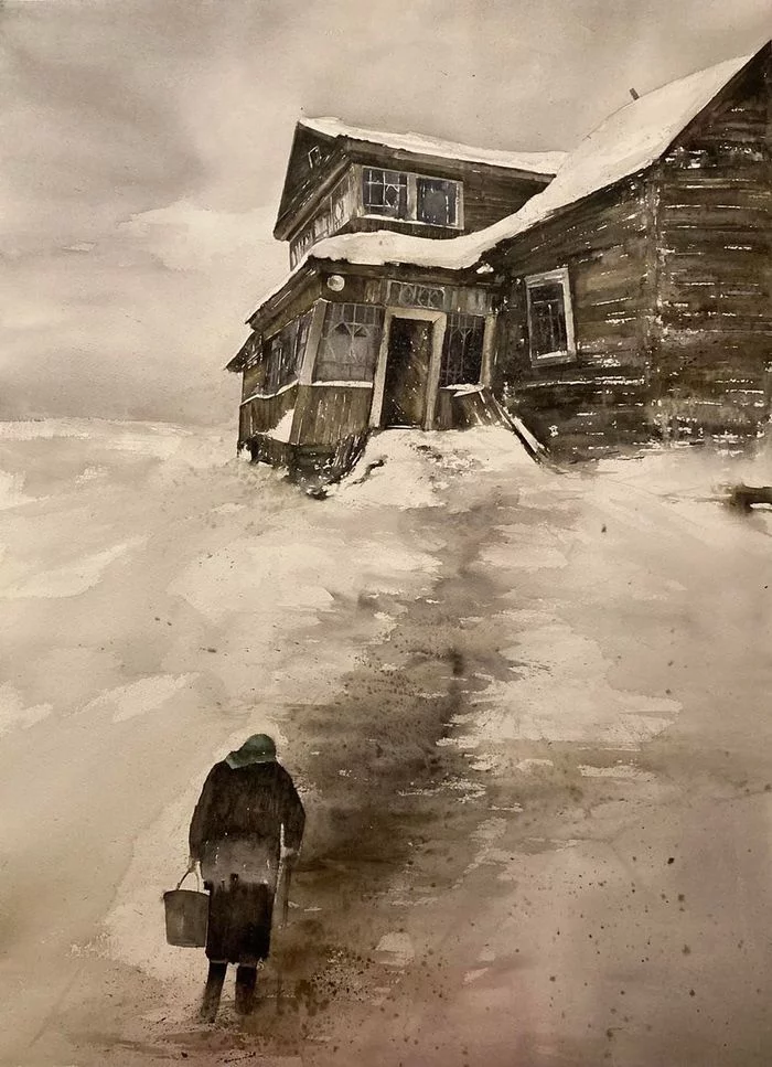 Christina's World - Art, Watercolor, Landscape, Winter, Gloomy, Andrew Wyeth, Russia