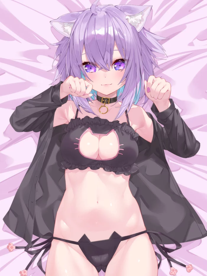 Nekomata Okayu - NSFW, Anime, Anime art, Hololive, Nekomata Okayu, Virtual youtuber, Animal ears, Cat keyhole bra, Boobs, Pantsu, Hand-drawn erotica, Erotic