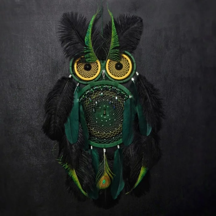 Dreamcatcher in the form of an owl Guardian of the Forest - My, Dreamcatcher, Owl, Owl, Indians, Handmade, Needlework, Needlework without process, The photo, Hobby, Fantasy, beauty, Unusual, Longpost