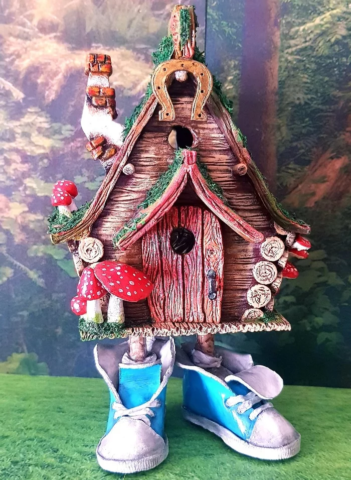 Hut in sneakers - My, Handmade, Polymer clay, A hut on chicken legs, Old sneakers, Lamp, Tea House, Needlework without process, Лепка, Longpost