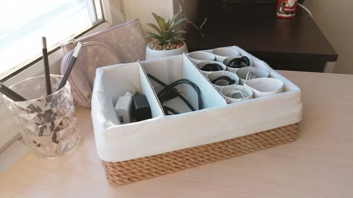 Organizer made of cardboard box, twine and bushings with your own hands - My, Needlework with process, With your own hands, Needlework, Crafts, Decor, Organizer, Box, Video, Longpost