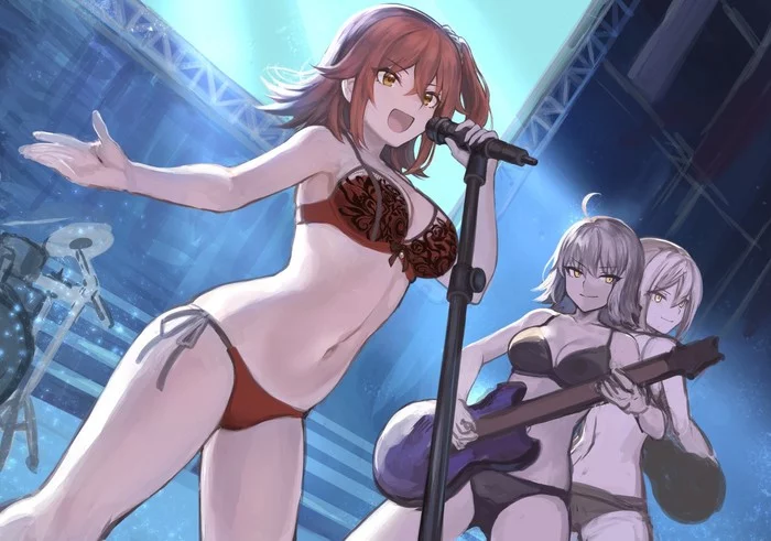 Concert - NSFW, Anime, Anime art, Fate, Fate grand order, Fate-stay night, Saber alter, Fujimaru Ritsuka, Jeanne alter, Erotic, Hand-drawn erotica, Etty, Underwear, Concert, Microphone, Guitar, Digital drawing, Art, Scene