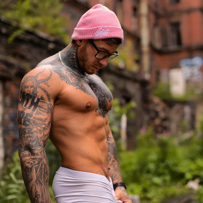 Pink cap - NSFW, My, Erotic, Naked guy, Tattoo, Jock, Cap, Beard, Author's male erotica, Playgirl