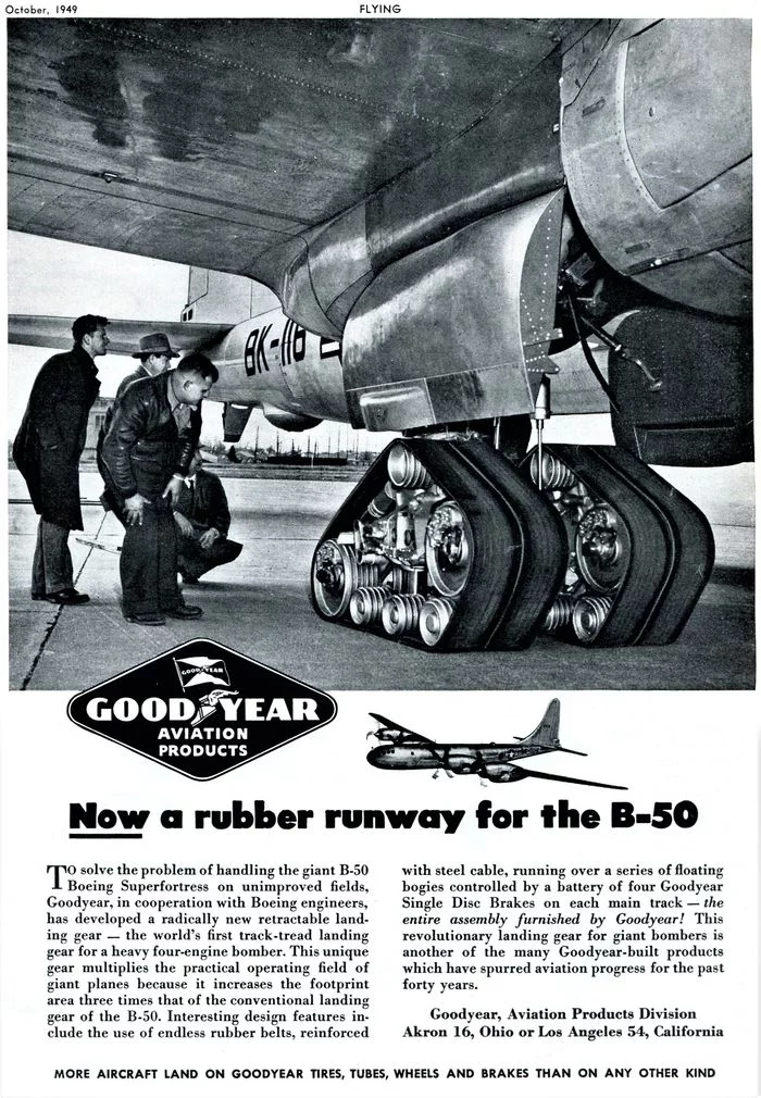 Boeing B-50 tracked chassis advertising brochure, 1949 - My, Brochure, Advertising, Aviation, Airplane, Boeing, Goodyear, English language, Translation, Translated by myself, Longpost