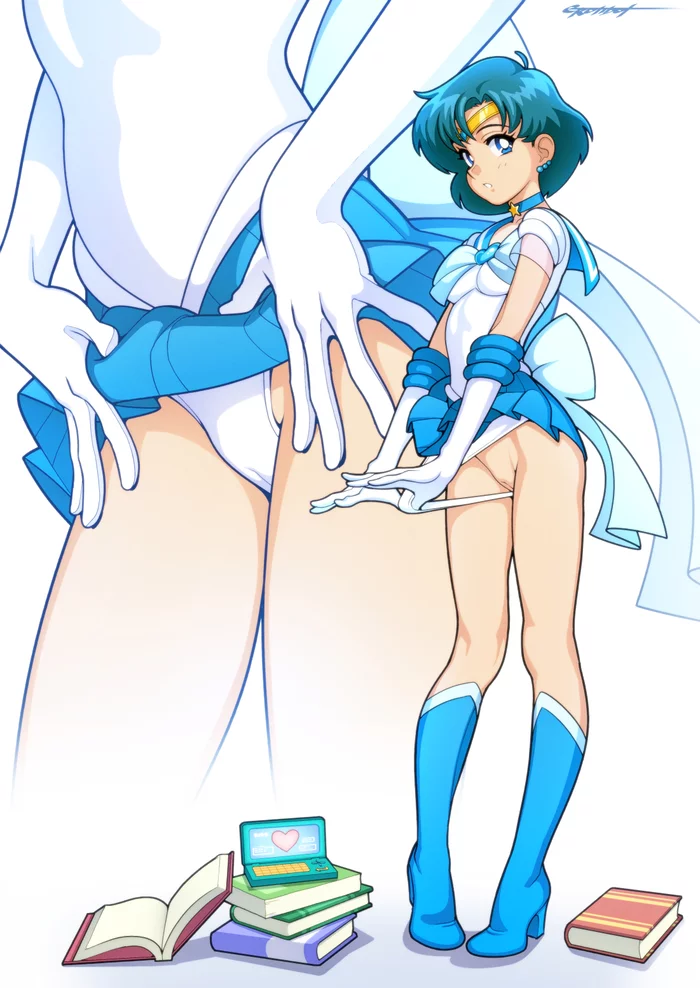 Sailor Mercury & Sailor Mars - NSFW, Арт, Аниме, Anime Art, Sailor Moon, Sailor Mercury, Sailor Mars, Девушки, Эротика, Рисованная эротика, Нижнее белье, Половые губы, Клитор, Под юбкой, Панцу, Чокер, Erotibot, Длиннопост