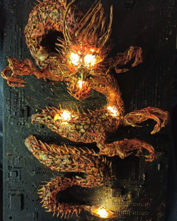 Burning Dragon - My, Three-dimensional picture, Almost a painting, Installation, Picture with illumination, With your own hands, Longpost, Needlework without process