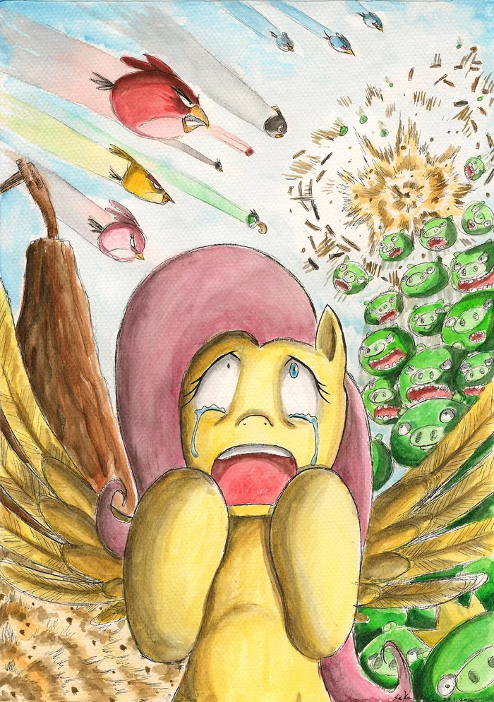 Почему вы сражаетесь? Прекратите, пожалуйста! Не надо войны! - My Little Pony, Fluttershy, MLP Crossover, Angry Birds