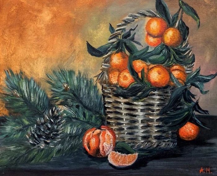 The festive atmosphere was in the air... - My, Creation, Painting, Drawing, Cones, Tangerines, Basket, Christmas trees