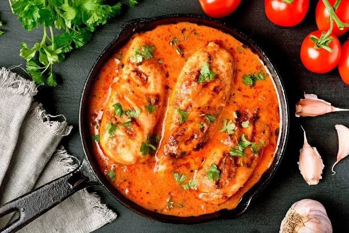 Stewed chicken fillet baked in sour cream and tomato sauce - Food, Temptation, Flavors, Meat, Chicken fillet, Braise, Fillet, Sour cream, Catsup, Sauce, Recipe, Cooking