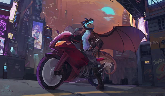 Evening City - Furry, Anthro, Art, Furry dragon, Diesel Wiesel, Volcanins, Collab