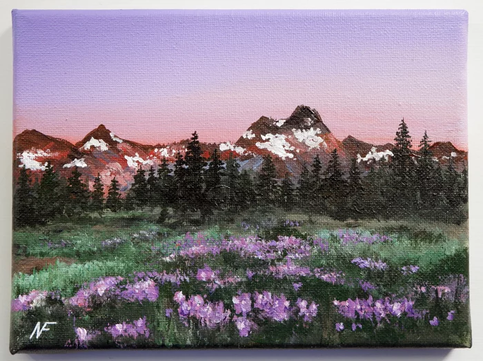 Twilight in the mountains - My, Painting, Acrylic, Painting, Art, Drawing, Canvas, Artist, The mountains, Flowers, Sunset, dust