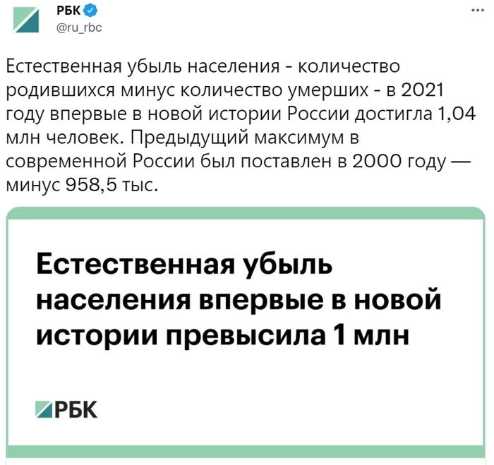 Убыль населения России превысила исторический максимум в современной истории - Twitter, Общество, Скриншот, Россия, РБК, Население, Статистика, Росстат, Новости, Длиннопост