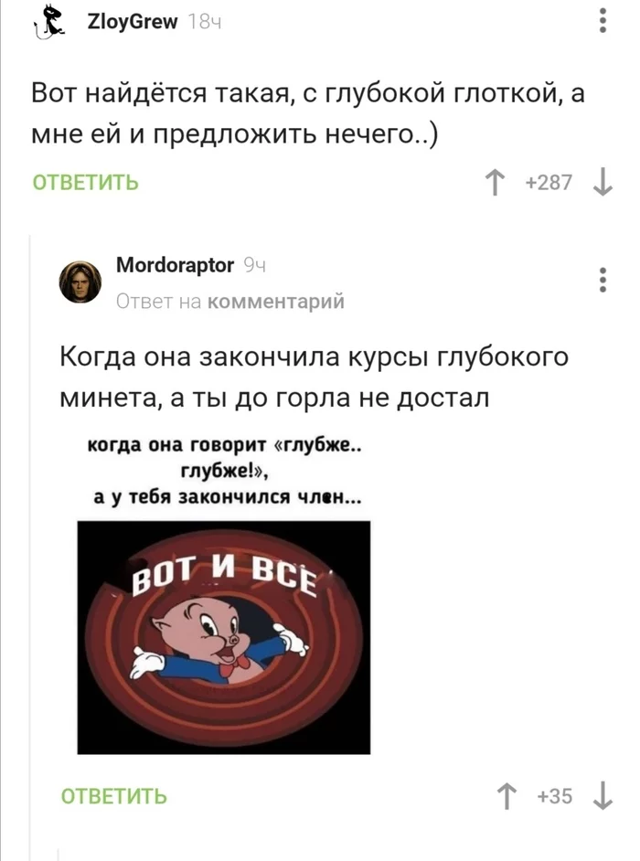 Пикабушникам такое не грозит) - Юмор, Скриншот, Комментарии, 49 и 5, Комментарии на Пикабу, Пошлость, Минет