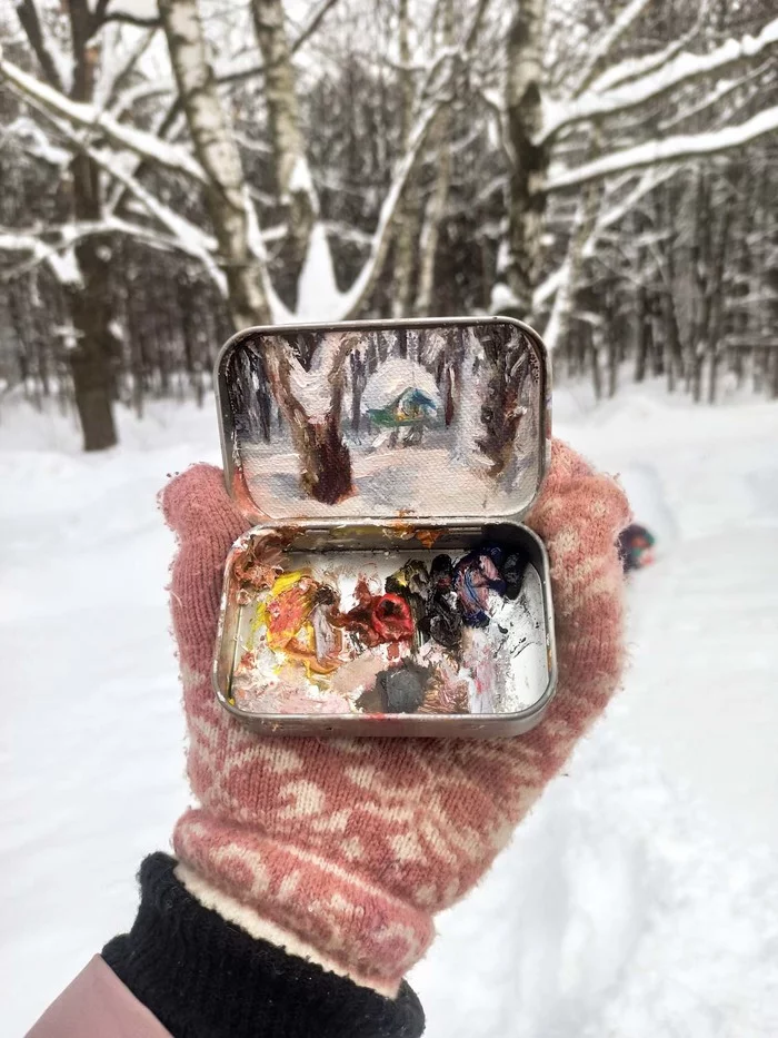 Feeder in the snow - My, Plein air, Miniature, Canvas, Oil painting, Winter, Landscape, Longpost