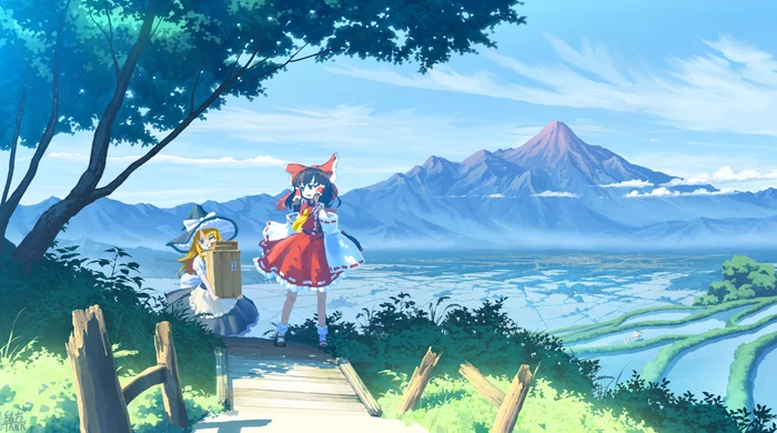 Help - Touhou, Hakurei Reimu, Kirisame marisa, Anime art, Anime, Games, Landscape, The mountains