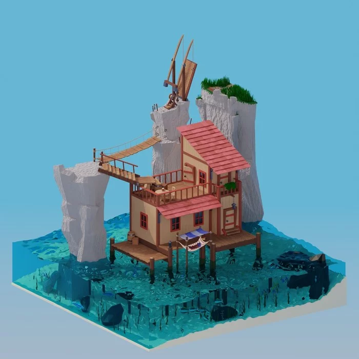 Introvert's Hideout - My, Low poly, 3D modeling, Blender