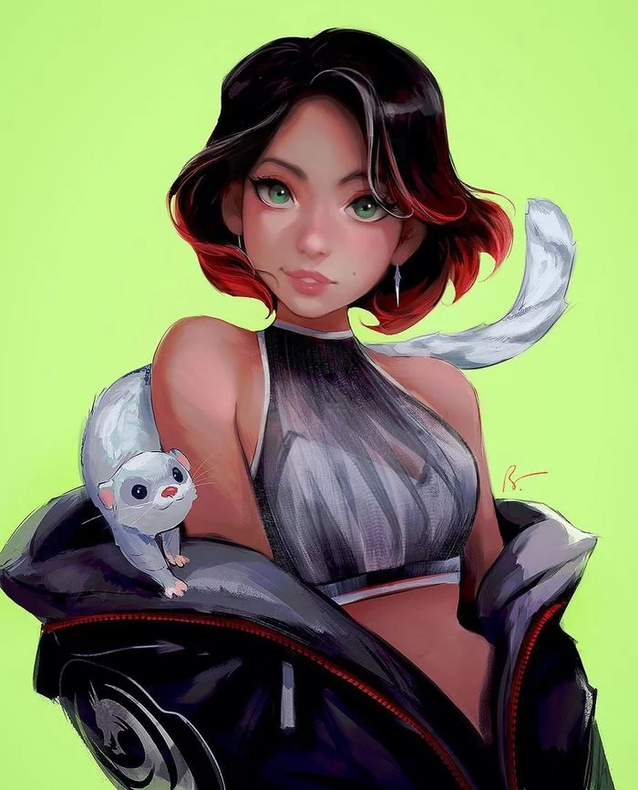 With pet - Drawing, Girls, Ermine, Rossdraws, Art