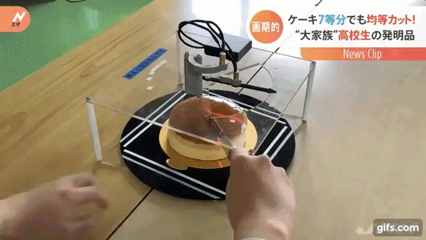 Японские школьники сделали прибор для ровной нарезки торта или пиццы на нужное количество кусков Япония, Еда, Изобретения, Гифка
