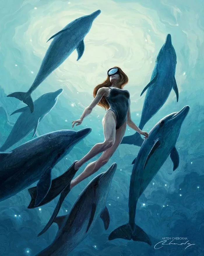 Chasing a Dream - Drawing, Diving, Girls, Dolphin, Artem Chebokha (RHADS), Art