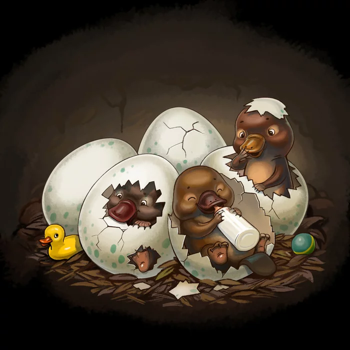 Nest of Platypuses - My, 2D, Computer graphics, Drawing, Illustrations, Digital drawing, Platypuses, Nest, Eggs, Young