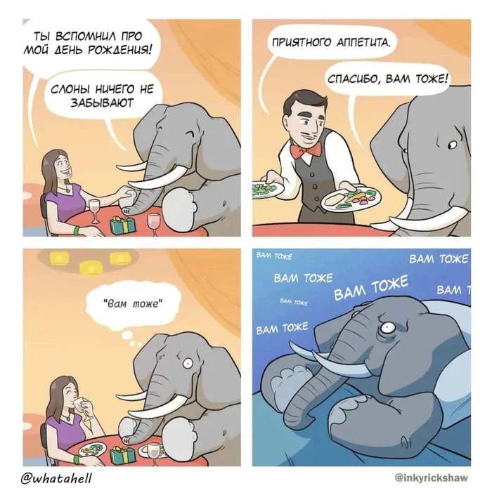 It's Hard to Be an Elephant - Comics, Web comic, Translated by myself, Translation, Memory, Elephants, A restaurant, Waiters, Humor, Repeat, Inkyrickshaw