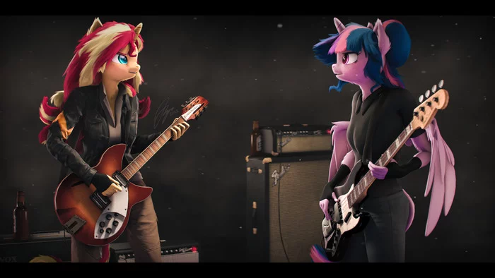 Guitarists - My little pony, Sunset shimmer, Twilight sparkle, Anthro, 3D