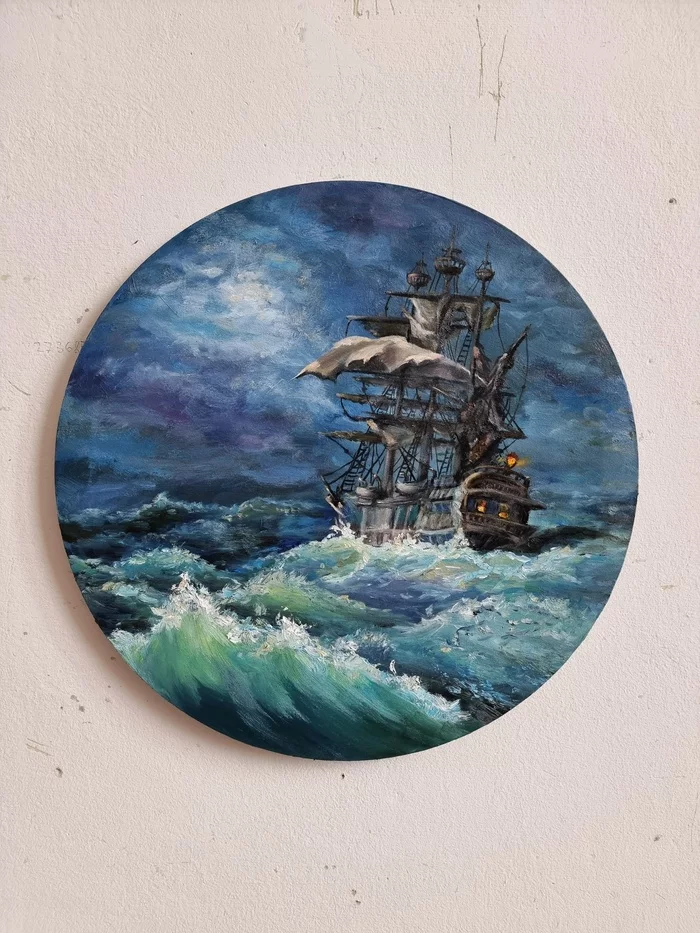 Sea - My, Oil painting, Painting, Painting, Sea, Storm, Ship, Sunset, Longpost