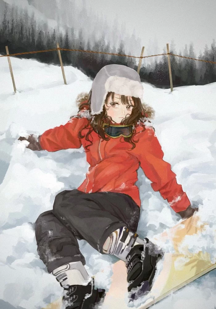 Oh, fell - Drawing, Winter, Snowboarder, Snowboard, The fall, Girls, Anime art, Art