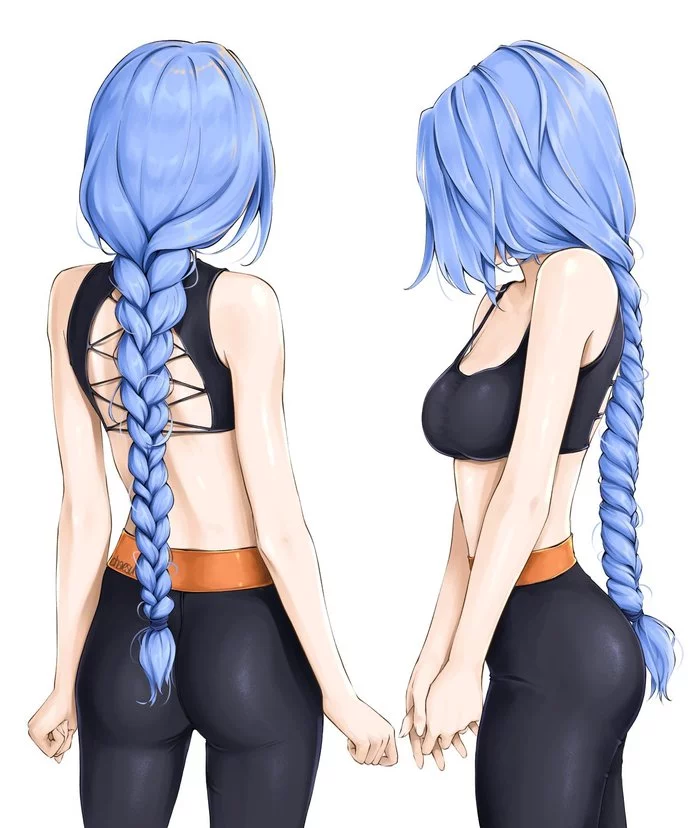 Blue - Drawing, Girls, Pigtails, Back, Chaesu, Art, Anime, Anime art, Anime original