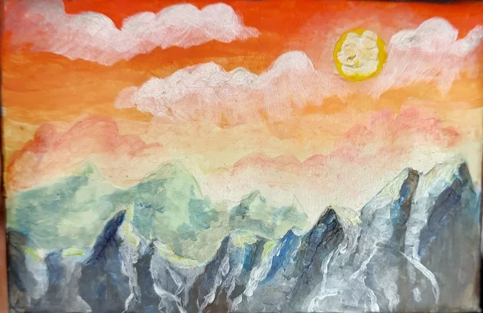 Mountain landscape - My, Landscape, The mountains, Creation, Art, Acrylic, Tinsel