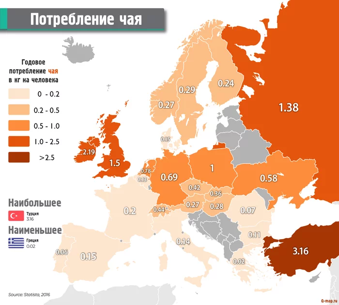 Tea consumption per kg per person (2016 data) - Cards, Europe, Tea