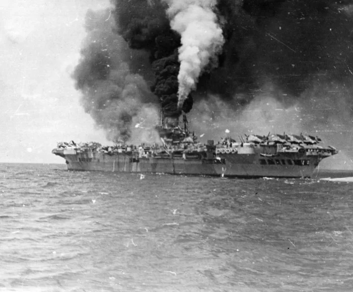 British aircraft carrier Formidable burns after a kamikaze attack, May 4, 1945 - Aircraft carrier, Great Britain, Kamikaze, The photo, Story, Longpost