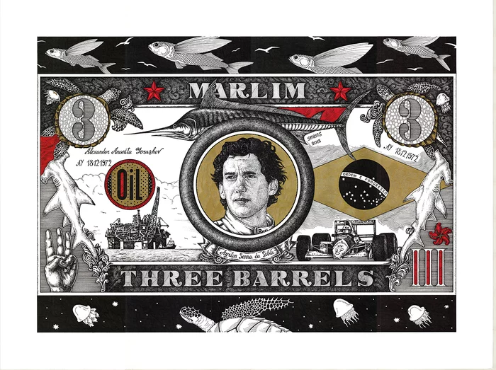 Three Barrels - My, Politics, Alexander Erashov, Traditional art, Mascara, Graphics, Brazil, Ayrton Senna, Formula 1, Marlin, Oil, Oil Platform, Art