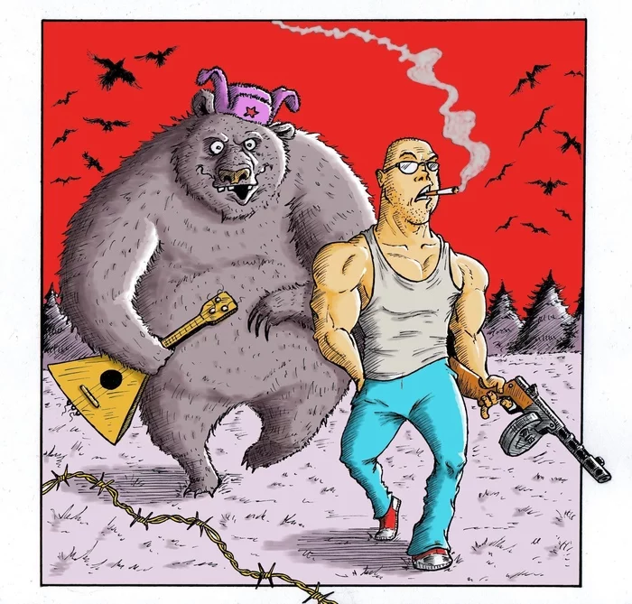 Bad russians - My, Humor, Images, Vodka bears balalaika, The Bears, Russians, Cranberry, Balalaika, Hat with ear flaps, Barbed wire, Comics, Drawing, Sketch, the USSR, Russia