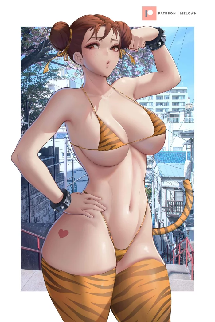 Chun Li Year of the Tiger - NSFW, Anime, Anime art, Chun-Li, Street fighter, Art, Girls, Boobs, Hand-drawn erotica, Stockings, Pantsu, Tigersuit