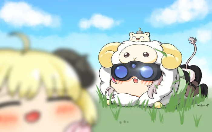 Sheep hunting! - Anime, Anime art, Art, Hololive, Virtual youtuber, Shishiro botan, Tsunomaki Watame, Chibi