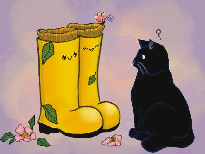 Summer and the Cat - My, Illustrations, cat, Rubber boots, Flowers