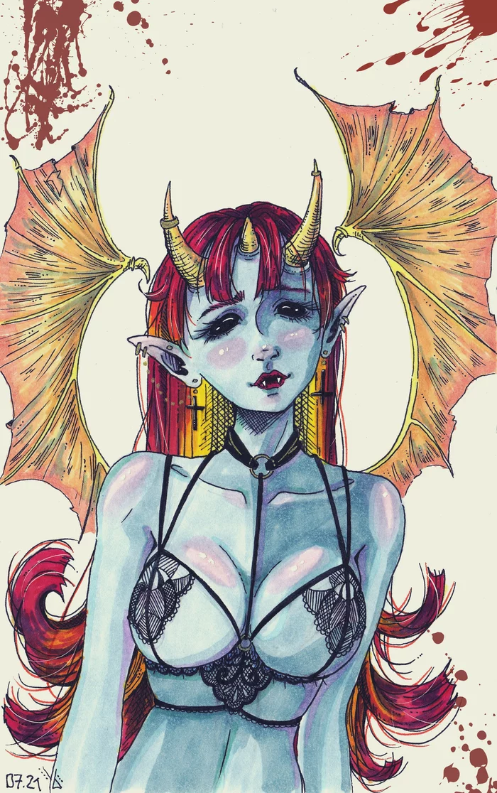 Succubus - NSFW, My, Anime, Anime art, Erotic, Hand-drawn erotica, Etty, Boobs, Art, Nudity, Bikini, Drawing, Anime original, Original character, Monster girl, Succubus, Demon, Demoness