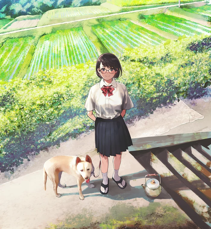 Rice fields - Anime, Anime art, Anime original, Girl in glasses, Dog, Landscape, Rice terraces, Morifumi, Images, Pupils