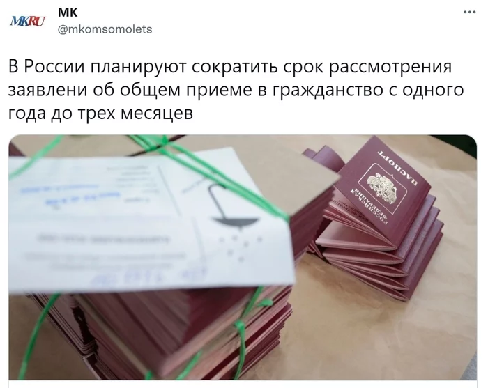 The Ministry of Internal Affairs of Russia said that now they plan to grant Russian citizenship within three months, not a year - Russia, news, Politics, Ministry of Internal Affairs, Citizenship, Moscow's comsomolets, Society, Bill, State Duma, Vladimir Putin