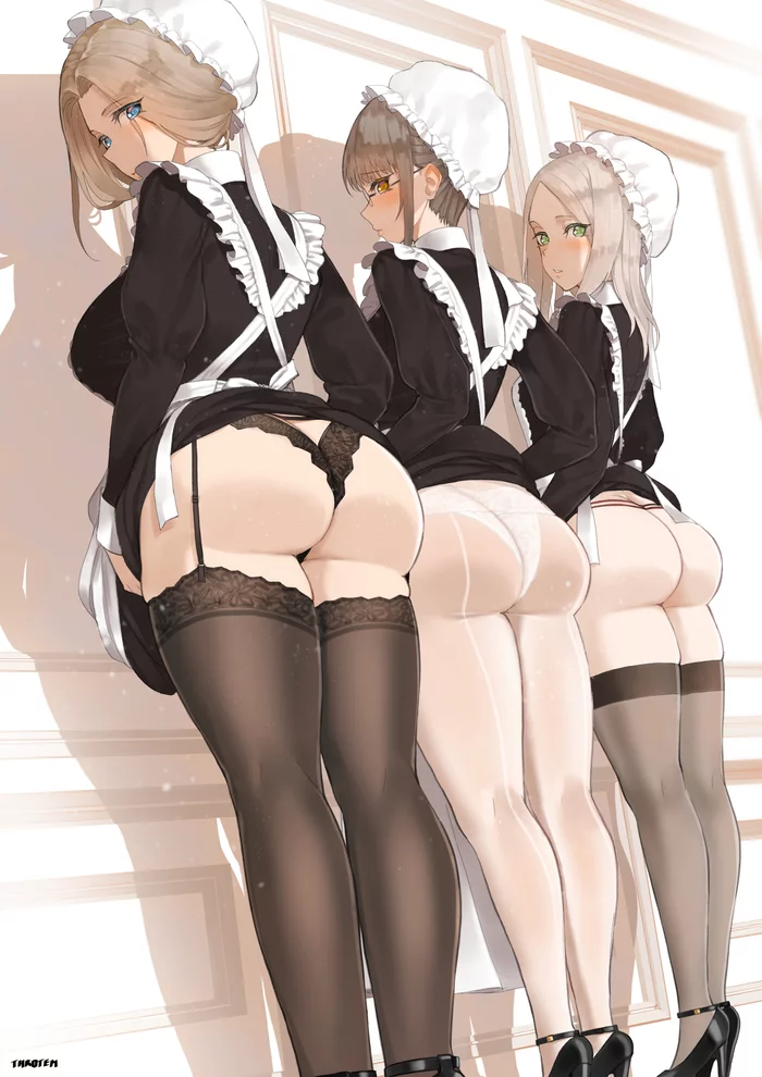 Review - NSFW, Art, Anime art, Anime original, Original character, Housemaid, Girls, Erotic, Hand-drawn erotica, Underwear, Stockings, Tights, Boobs, Booty, Pantsu, Upskirt, Strip, Back view, Throtem, Longpost