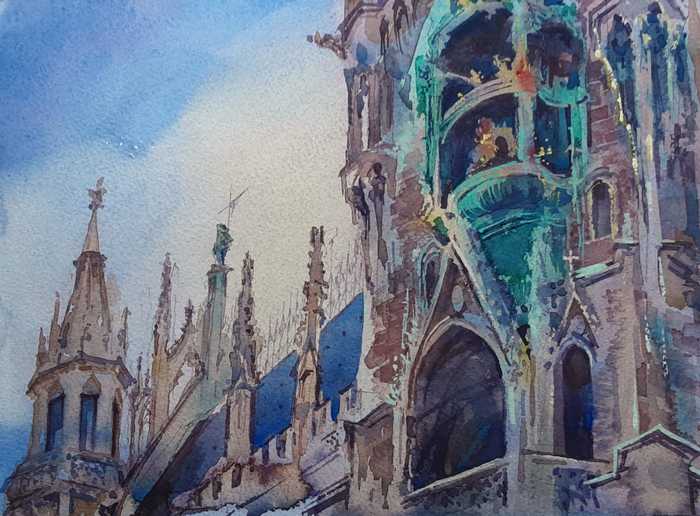 Clock at the Town Hall in Munich - Germany, Watercolor, My, Painting, Painting
