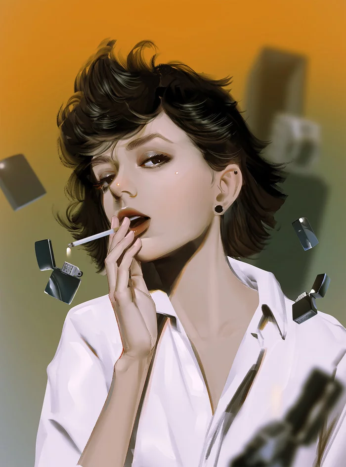 Smoking - Drawing, Girls, Office workers, Smoking, Lighter, Peter Xiao, Art