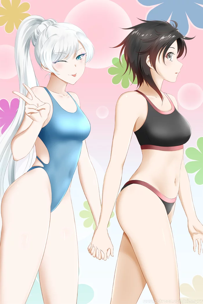 Weiss and Ruby - NSFW, RWBY, Арт, Anime Art, Аниме, Kimmy77, Ruby Rose, Weiss Schnee, Купальник, Длиннопост