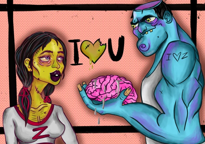 Happy Valentine's Day - My, Art, Digital drawing, Postcard, Zombie, February 14 - Valentine's Day