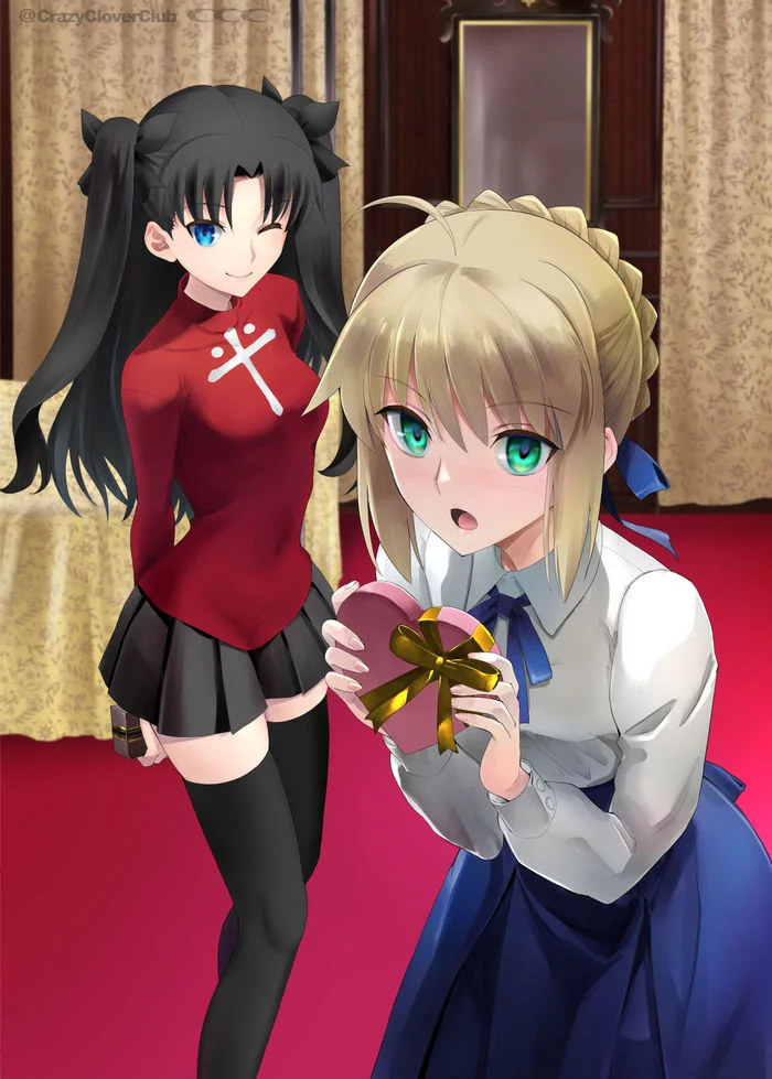 Who will you get candy from?) - Anime, Anime art, Art, Fate-stay night, Saber, Tohsaka rin, Artoria pendragon, February 14 - Valentine's Day